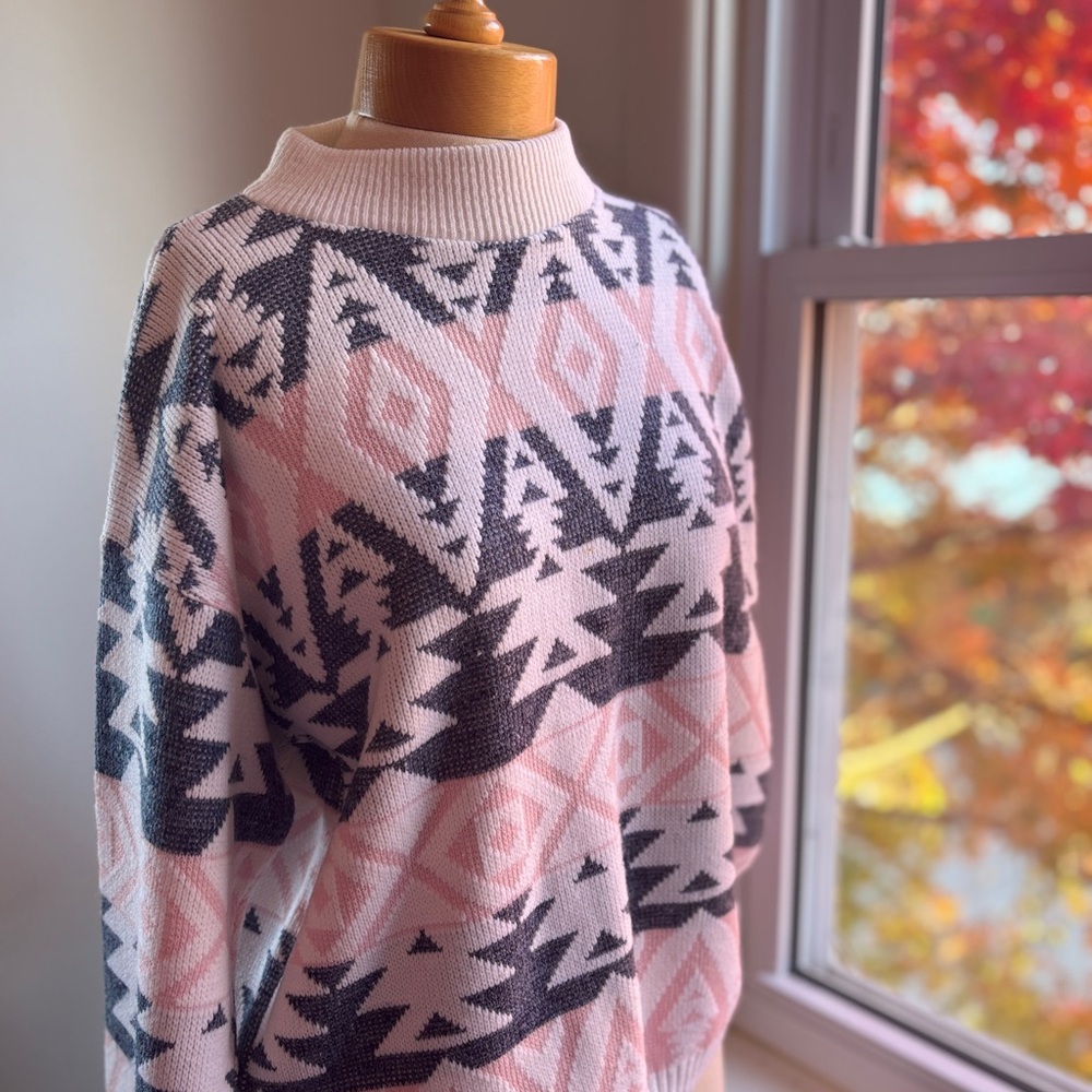 Grace Soft Pink and Grey Patterned Turtleneck Sweater